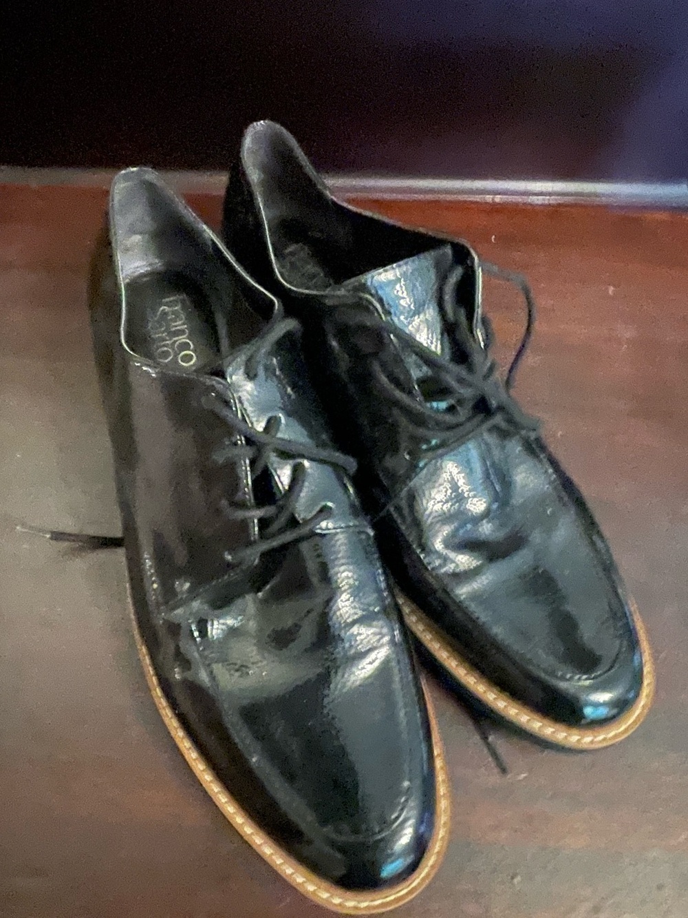 Franco Sarto Black Patent Leather Lace-Up Oxfords with Brown Welt